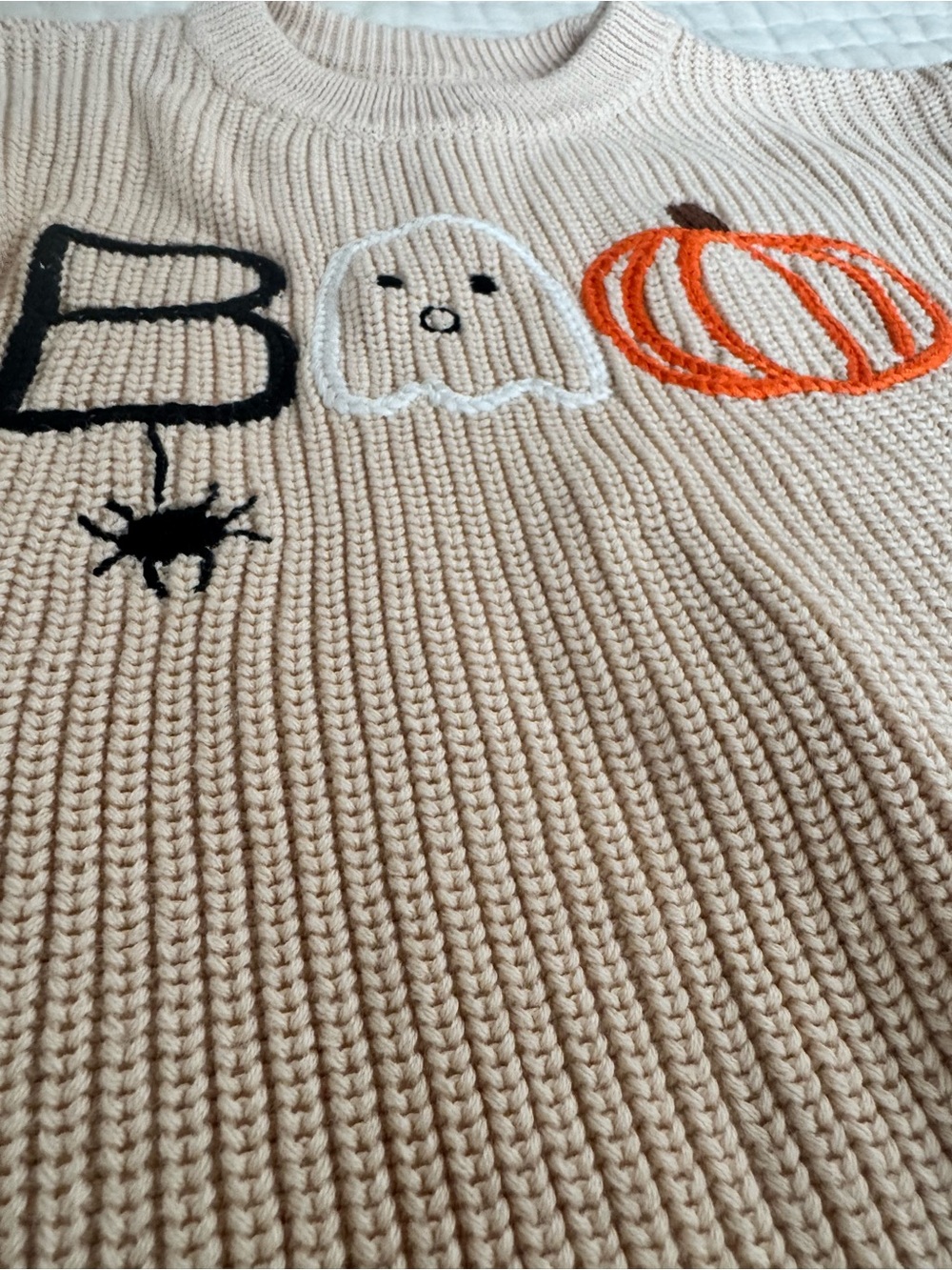Fall Halloween Chunky Knit Sweater Tan Embroidery Girls 4t Pumpkin Ghost - Picture 2 of 8
